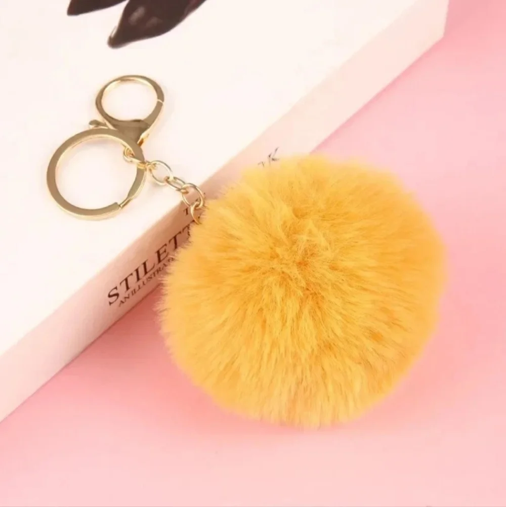 Soft Fluffy Yellow Faux Rabbit Fur Ball Gold Keychain Key Chain Bag Accessories